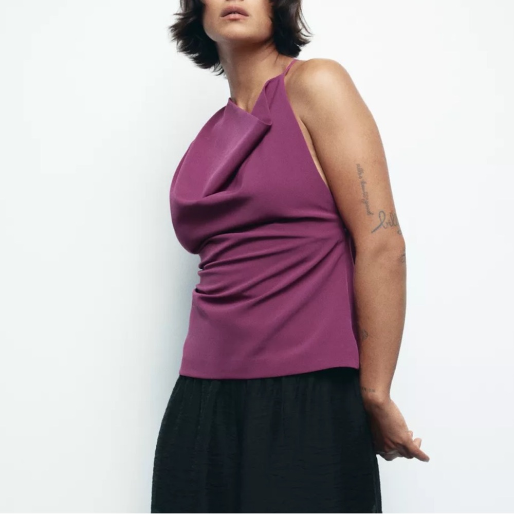 Zara NWT plum asymmetrical cowl neck draped sleeveless top